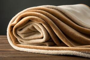 Rolled Beige and Brown Soft Blanket on Wooden Table photo