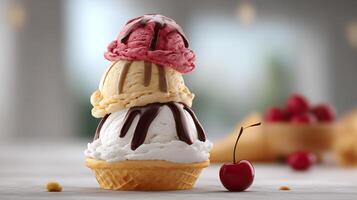 Tower of Temptation, Triple Scoop Ice Cream Cone with Cherry on Side photo