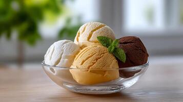 Delicious scoops of ice cream in glass bowl presentation on wood table photo