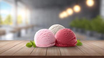 Delicious ice cream scoops on a rustic wooden table backdrop blurred. photo