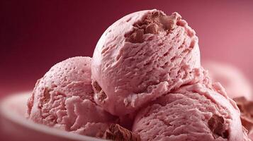Creamy strawberry ice cream with chocolate chunks on plate looks delicious photo