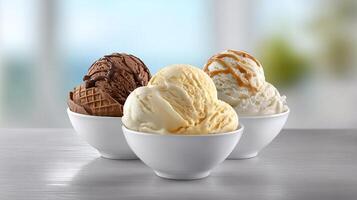 Three delicious ice cream scoops arranged attractively in pristine white bowls photo