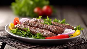 Delicious kofta kebab platter with colorful vegetables arrangement close-up photo