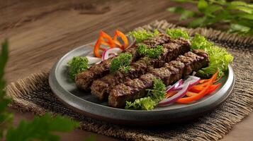 Delicious kofta kebab with fresh herbs and vegetables served on rustic dish photo