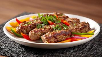 Delicious grilled kofta kebabs served with colorful bell pepper slices photo