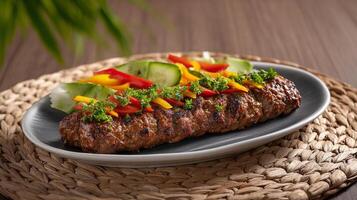 Delicious adana kebab served with fresh vegetables and parsley garnish, ready to eat photo