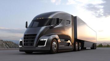 Sleek futuristic semi truck gleaming on modern highway, under beautiful sky photo