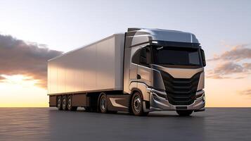 Modern silver semi truck with trailer at sunset background with digital elements photo