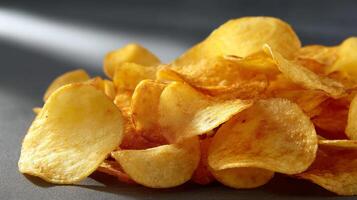 Golden potato chips snack food, on neutral gray surface, close up view photo