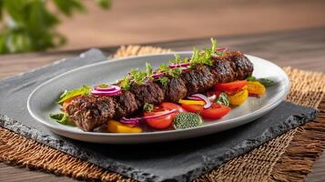 Delicious kofta kebab served with fresh tomatoes and onions on white plate photo