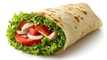 Delicious chicken wrap with fresh lettuce, tomato, and onion slices photo