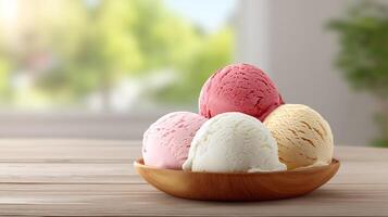 Colorful assorted ice cream scoops served attractively in wooden bowl background photo