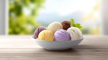 Delicious colorful ice cream scoops arranged in a white bowl on wooden surface photo