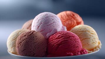 Colorful ice cream scoops in a white bowl close up shot photo