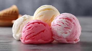 Colorful scoops of refreshing ice cream delight presented in studio setting photo