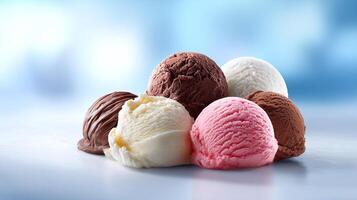 Delicious Assorted Ice Cream Scoops Against Light Blue Background Composition photo