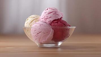 Colorful ice cream scoops piled in glass bowl on wooden table photo