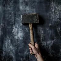 Raised hammer on textured backdrop photo