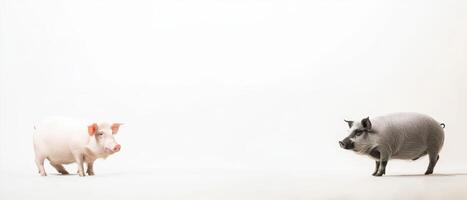 Two pigs standing on a plain white background photo