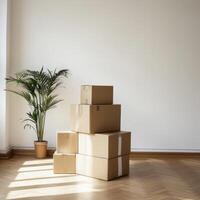 Boxes stacked in a bright room with a plant photo