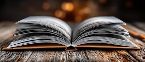 Open book on wooden table with warm background photo