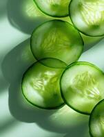 Floating Cucumber Slices Create a Serene, Refreshing Composition With Soft Shadows and a Smooth Upper Side Against a Light Backdrop photo