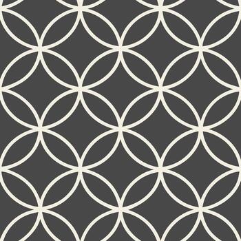 sin costura geométrico modelo con superposición círculos formando un red, blanco líneas en un oscuro gris fondo, simétrico diseño, moderno estético, vector