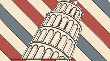 Leaning tower of Pisa with a beige color palette, diagonal stripes of red, white and blue in the background vector