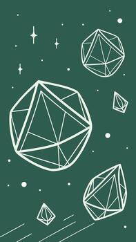 Geometric shapes with white outlines on a dark green background, with small white dots and stars scattered around, creating a simple and modern vector