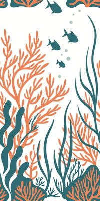 Coral reef with orange coral, blue seaweed, a small fish and bubbles in a white background
