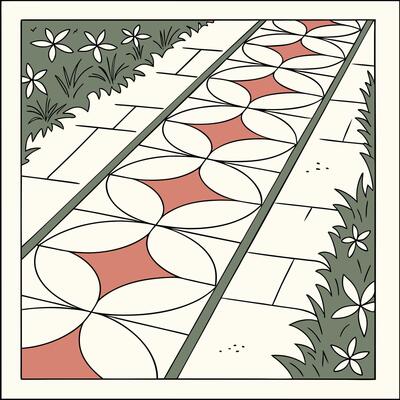 Rectangular path made of colorful tiles with alternating geometry and monochrome spacers