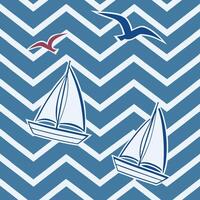 Two white sailboats and two seagulls on a blue and white zigzag pattern, nautical theme, simple shapes, clean lines, graphics vector