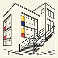 Bauhaus architecture abstract, with outlines of staircases and windows formed with black lines and filled primary shapes vector