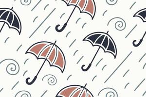 Seamless pattern of umbrellas and rain drops, brown and black umbrellas with dark blue handles, light background vector