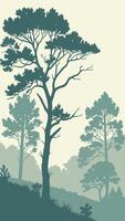 Misty Forest Silhouettes - Soft blue-grey tree outlines, subtle fog effect, grainy matte paper vector