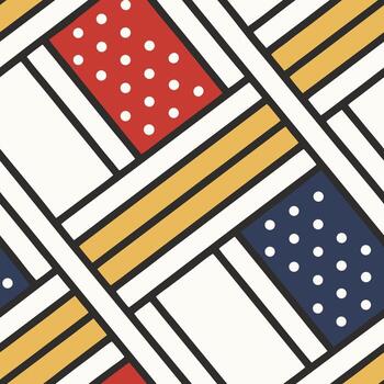 Seamless pattern of overlapping rectangles with polka dots and stripes in red, blue, yellow, and white, with black outlines on a white backgroun vector