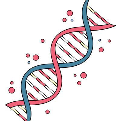 A DNA double helix with glowing base pairs and zoom bubbles, isolated on white