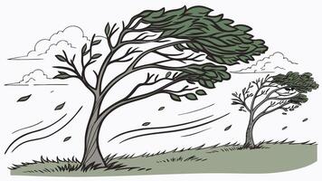 Strong gust of wind bending tree branches, dynamic energy vector