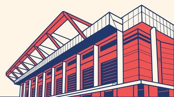 Stylized architectural facade with angular structures in red and blue, connected by black linear pathways vector