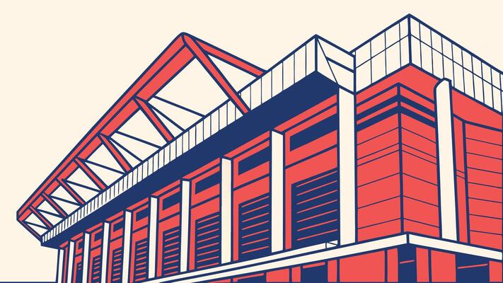 Stylized architectural facade with angular structures in red and blue, connected by black linear pathways