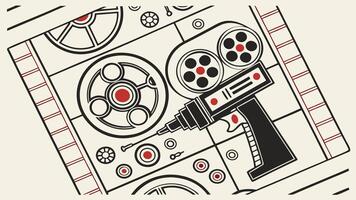 A composition resembling a machine blueprint, using intersecting geometric lines and forms in black and red vector