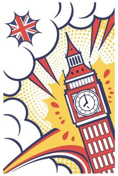 Halftone dots in style, pop art aesthetic in primary colors, retro dynamic layout. vector