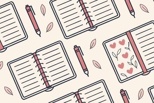 Seamless pattern of open notebooks with blank pages, pink pens, and leaves scattered around on a light beige background vector