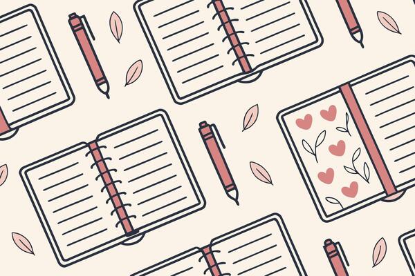 Seamless pattern of open notebooks with blank pages, pink pens, and leaves scattered around on a light beige background