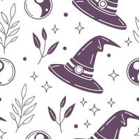Repeating witch hat and crystal ball icons, magic fantasy pattern in purple style vector