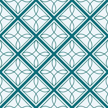 sin costura geométrico modelo con verde azulado diamantes y blanco floral formas, creando un simétrico y decorativo diseño en un ligero azul antecedentes vector