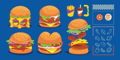 Variety of colorful burgers and sides. vector
