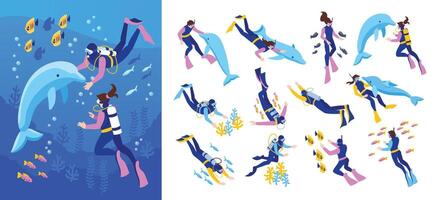 Diving illustrations with divers and dolphins vector