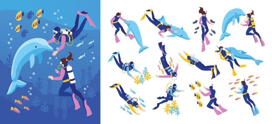 Isometric Scuba Diving Mini compositions set