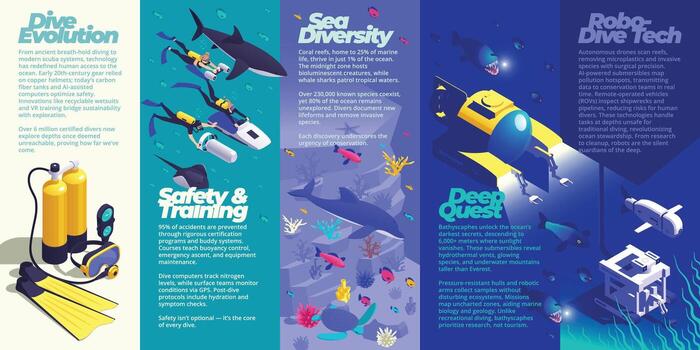 Diving technology and marine diversity illustration vector